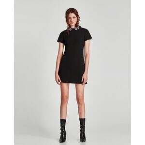 New Zara Bejewelled‎ Appliqué Black Dress With Beaded Floral Collar
